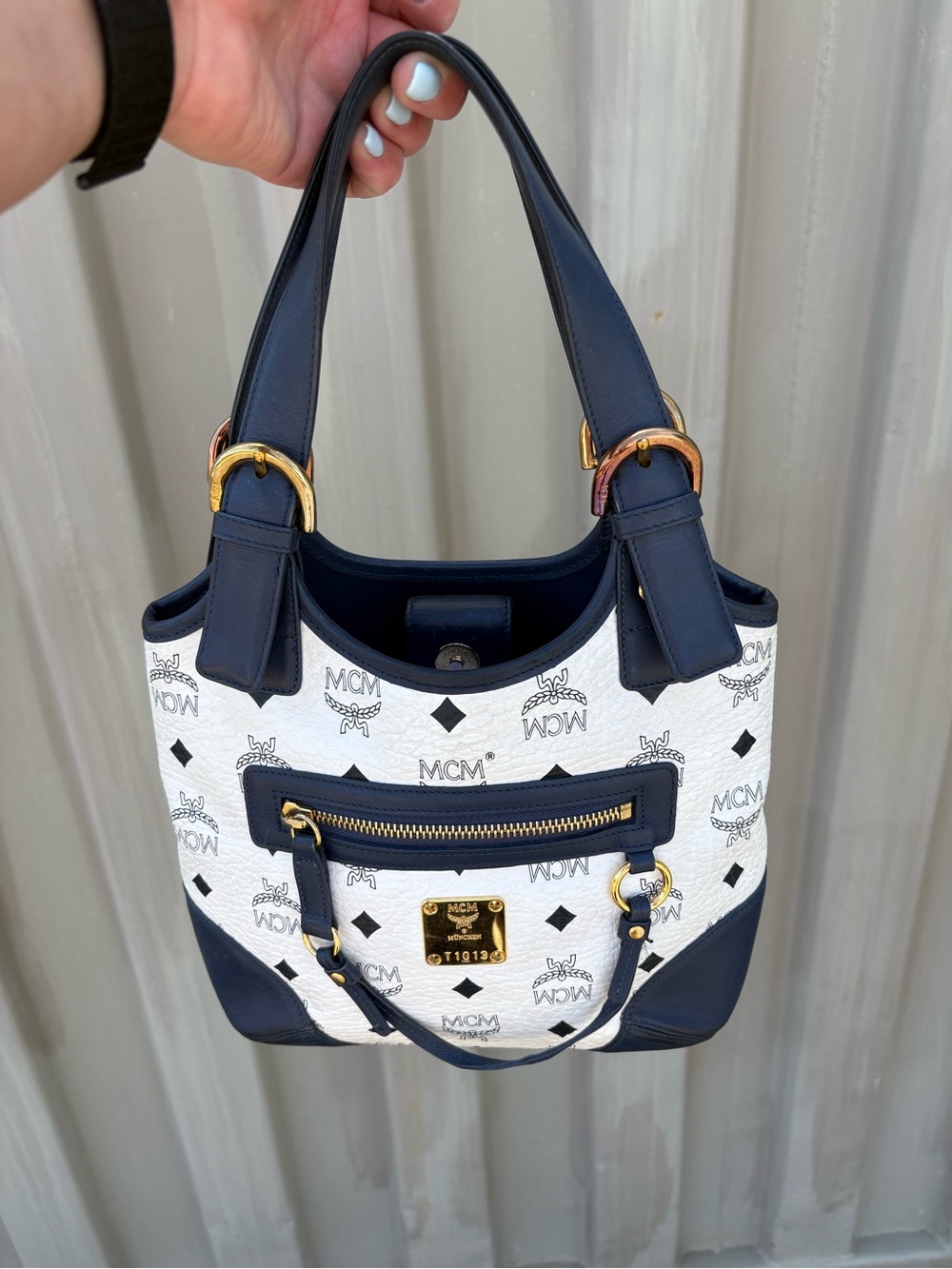 Genuine MCM White Visetos Tote with Navy Leather Trim and Gold Hardware
